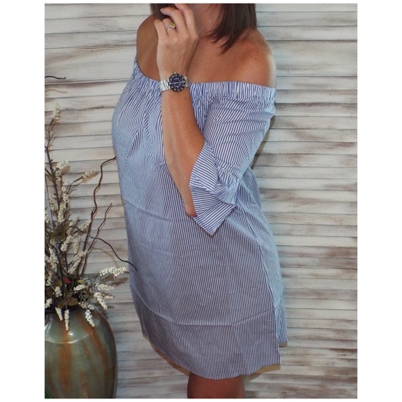 Off Shoulder Pin Striped Dress Blue White 1418 - Picture 3 of 8